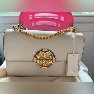 Tory Burch White and Gold Shoulder Bag with Signature Logo